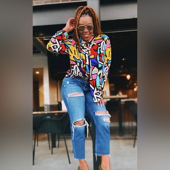 Big Dart Colorful Abstract Lightweight Button Up Wearable Art Top Shirt Size 6 - Picture 2 of 8